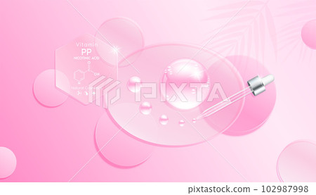 Serum gel drop pink on transparent ellipse mirror. Cosmetic product swatch vitamin PP, structure. Light textured moisturizing face serum clear skincare liquid. Cosmetics display podium. Top view 3D 102987998