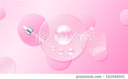 Serum gel drop pink on transparent circle disk. Cosmetic product swatch vitamin A, structure. Light textured moisturizing face serum clear skincare liquid. Cosmetics display podium ads. Top view 3D Serum gel drop pink on transparent circle disk. Cosmetic product swatch vitamin A, structure. Light textured moisturizing face serum clear skincare liquid. Cosmetics display podium ads. Top view 3D 102988041