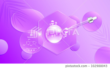 Serum gel drop purple on transparent hexagon disk glass. Cosmetic product swatch vitamin B1 structure on display podium. Light textured moisturizing face serum clear skincare liquid. Top view 3D Serum gel drop purple on transparent hexagon disk glass. Cosmetic product swatch vitamin B1 structure on display podium. Light textured moisturizing face serum clear skincare liquid. Top view 3D 102988043
