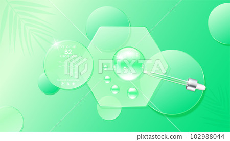 Serum gel drop green on transparent hexagon disk glass. Cosmetic product swatch vitamin B2 structure on display podium. Light textured moisturizing face serum clear skincare liquid. Top view 3D Vector Serum gel drop green on transparent hexagon disk glass. Cosmetic product swatch vitamin B2 structure on display podium. Light textured moisturizing face serum clear skincare liquid. Top view 3D Vector 102988044