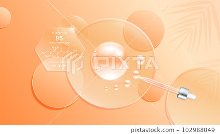 Serum gel drop orange on transparent circle disk. Cosmetic product swatch vitamin B5, structure. Light textured moisturizing face serum clear skincare liquid. Cosmetics display podium ads. Top view 3D 102988049
