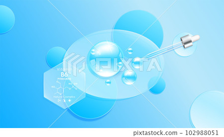 Serum gel drop blue on transparent ellipse mirror. Cosmetic product swatch vitamin B6, structure. Light textured moisturizing face serum clear skincare liquid. Cosmetics display podium. Top view 3D 102988051