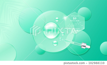 Serum gel drop green on transparent circle disk. Cosmetic product swatch vitamin B9, structure. Light textured moisturizing face serum clear skincare liquid. Cosmetics display podium ads. 102988110