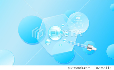 Serum gel drop blue on transparent hexagon disk glass. Cosmetic product swatch vitamin B11 structure on display podium. Light textured moisturizing face serum clear skincare liquid. Top view 3D Vector Serum gel drop blue on transparent hexagon disk glass. Cosmetic product swatch vitamin B11 structure on display podium. Light textured moisturizing face serum clear skincare liquid. Top view 3D Vector 102988112