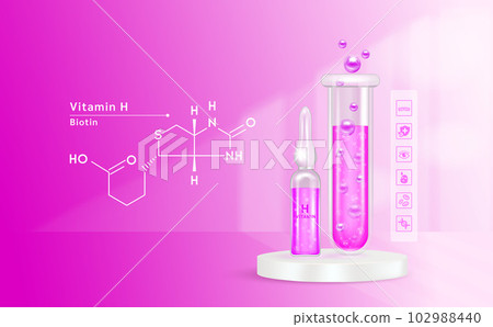Serum vitamin H inside glass ampoule and glass bottles with liquid drug solution. Natural cosmetics. Cosmetology for skin care. On pink background. Medical and beauty concept. Realistic 3D vector. 102988440