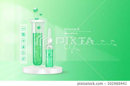 Serum vitamin K inside glass ampoule and glass bottles with liquid drug solution. Natural cosmetics. Cosmetology for skin care. On green background. Medical and beauty concept. Realistic 3D vector. 102988441