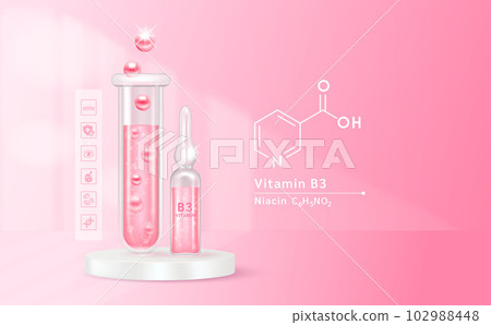 Serum vitamin B3 inside glass ampoule and glass bottles with liquid drug solution. Natural cosmetics. Cosmetology for skin care. On pink background. Medical and beauty concept. Realistic 3D vector. 102988448