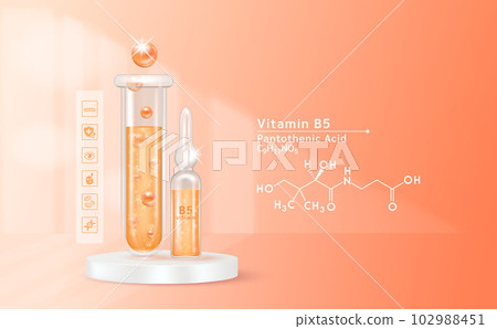 Serum vitamin B5 inside glass ampoule and glass bottles with liquid drug solution. Natural cosmetics. Cosmetology for skin care. On orange background. Medical and beauty concept. Realistic 3D vector. 102988451