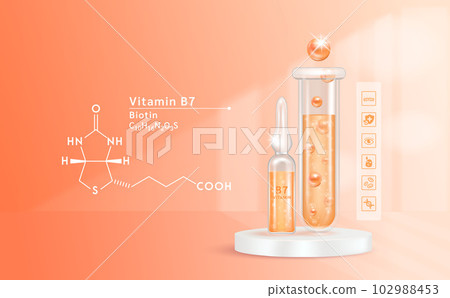 Serum vitamin B7 inside glass ampoule and glass bottles with liquid drug solution. Natural cosmetics. Cosmetology for skin care. On orange background. Medical and beauty concept. Realistic 3D vector. Serum vitamin B7 inside glass ampoule and glass bottles with liquid drug solution. Natural cosmetics. Cosmetology for skin care. On orange background. Medical and beauty concept. Realistic 3D vector. 102988453