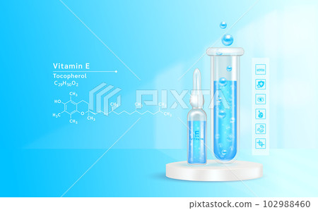 Serum vitamin E inside glass ampoule and glass bottles with liquid drug solution. Natural cosmetics. Cosmetology for skin care. On blue background. Medical and beauty concept. Realistic 3D vector. Serum vitamin E inside glass ampoule and glass bottles with liquid drug solution. Natural cosmetics. Cosmetology for skin care. On blue background. Medical and beauty concept. Realistic 3D vector. 102988460