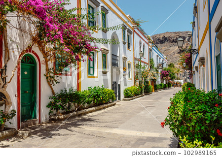 historic center of puerto de mogan with lots of bougainvillea flowers, Canary Island 102989165