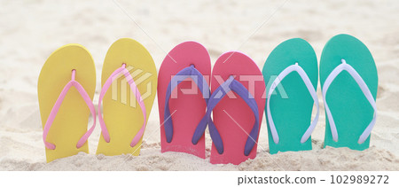 sea on the beach Footprint  people on the sand and slipper of feet in sandals shoes on beach sands background. travel holidays concept. 102989272