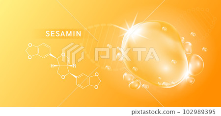 Sesamin drop and structure black sesame extract on orange background. Vitamin complex orange. Food supplement nutrition design. Medical scientific concepts. 3D vector. 102989395