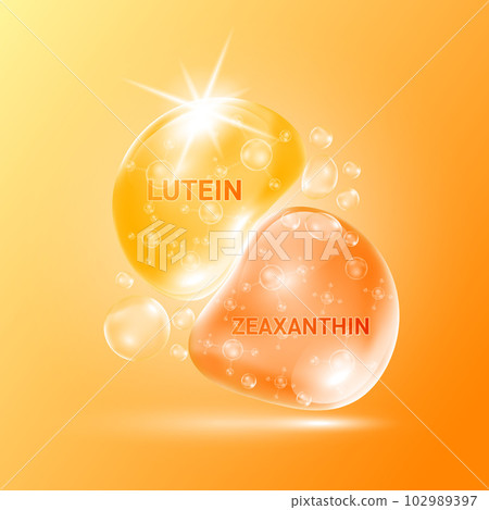 Drop water Zeaxanthin and lutein orange. Vitamin complex with Chemical formula from marigold to nourish eyes. Medical scientific and healthcare concept. 3D Realistic Vector EPS10. 102989397
