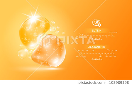 Drop water Zeaxanthin and lutein orange and structure. Vitamin complex with Chemical formula from marigold to nourish eyes. Medical scientific and healthcare concept. 3D Realistic Vector EPS10. 102989398