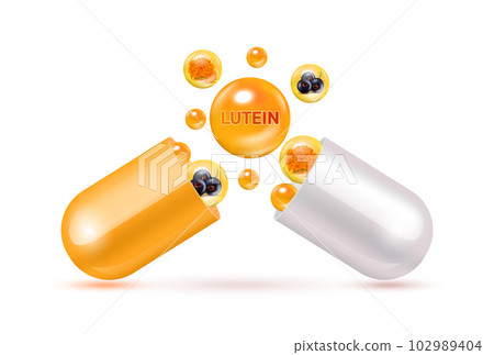 Lutein medicine capsule orange. Vitamin complex with chemical formula from marigold and blackcurrant to nourish eyes. Medical and healthcare concept. 3D Vector. Isolated on a white background. 102989404