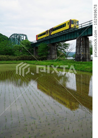 Tourist train on the Ofunato Line running over paddy fields 102989678