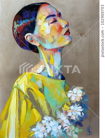 Portrait of a girl with a graceful neck and short hair in profile. Portrait of a girl with a graceful neck and short hair in profile. 102989703