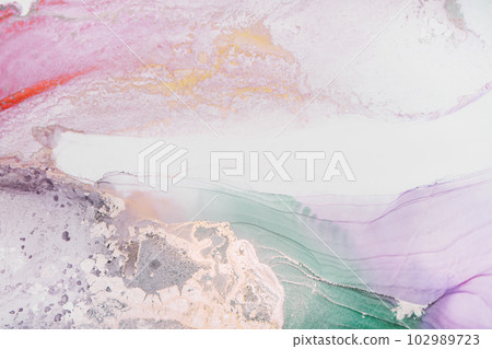 Marble stone glowing golden veins. High resolution. Abstract fluid art painting in alcohol ink technique, mixture blue, red and gold paints.  102989723