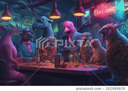birds meeting pink gangster in neon bar illustration generative ai 102989839
