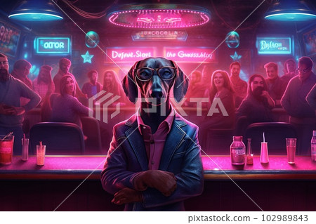 dachshund dog pink gangster in neon bar illustration generative ai 102989843