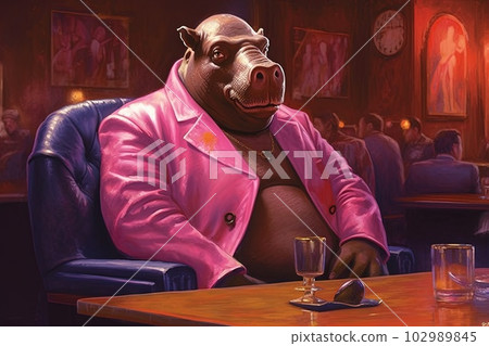 Hippo pink gangster in neon bar illustration generative ai 102989845