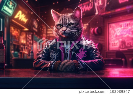 pink cat gangster in neon bar illustration generative ai pink cat gangster in neon bar illustration generative ai 102989847