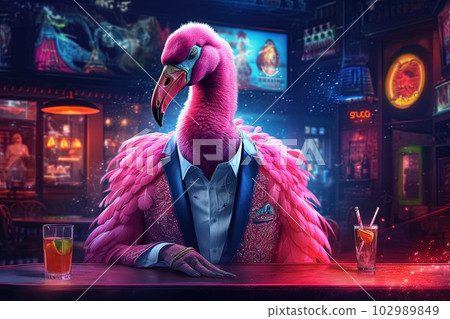 Gangster pink flamingo struts confidently in a neon bar, sporting a fashionable leather jacket, adorned with extravagant jewelry illustration generative ai 102989849