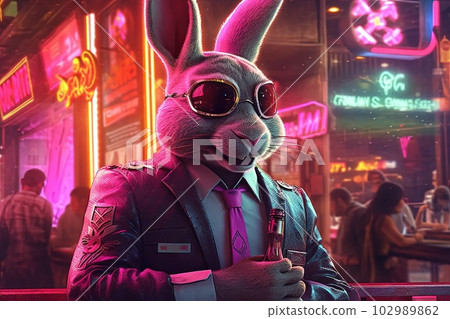 bunny pink gangster in neon bar illustration generative ai bunny pink gangster in neon bar illustration generative ai 102989862