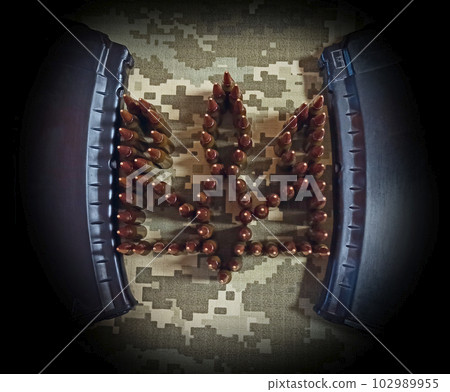 Pile of cartridges with bullets. pile of bullets against cloudy sunset Pile of cartridges with bullets. pile of bullets against cloudy sunset 102989955