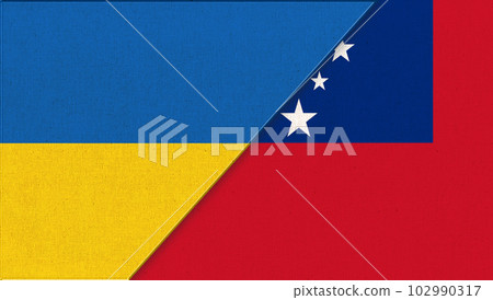 Flags of Ukraine and Samoa. Island country. Country in Oceania. National symbols 102990317