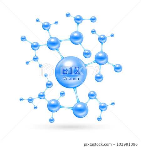 Vitamin B12, minerals in molecular blue form isolated on white background vector. Dietary supplement for pharmacy advertisement, vitamins package design. Science medic concept. 102991086