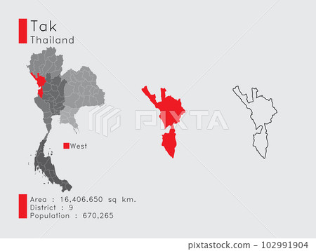 Tak Position in Thailand A Set of Infographic Elements for the Province. and Area District Population and Outline. Vector with Gray Background. Tak Position in Thailand A Set of Infographic Elements for the Province. and Area District Population and Outline. Vector with Gray Background. 102991904
