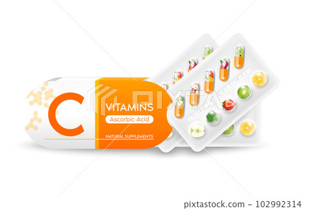 Vitamin C pills medicament. Vegetables and fruit in a capsules packaging and open box orange. natural supplements and vitamins concept. Pharmacy and drug medical. Vector illustration Vitamin C pills medicament. Vegetables and fruit in a capsules packaging and open box orange. natural supplements and vitamins concept. Pharmacy and drug medical. Vector illustration 102992314