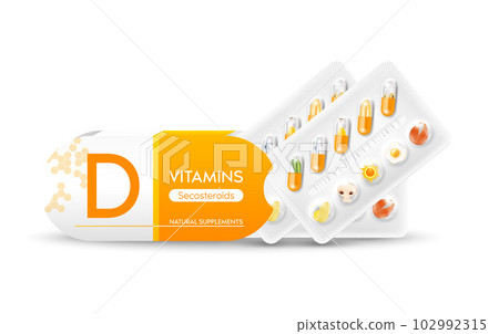 Vitamin D pills medicament. Vegetables and fruit in a capsules packaging and open box orange. natural supplements and vitamins concept. Pharmacy and drug medical. Vector illustration 102992315
