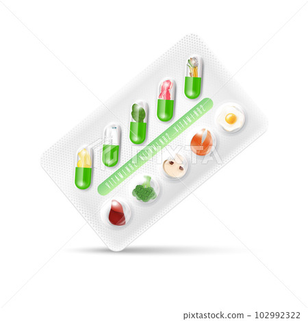 Vitamin B2 pills medicament. Vegetables and fruit in a capsules packaging. Natural supplements concept. Pharmacy and drug medical. Vector illustration Vitamin B2 pills medicament. Vegetables and fruit in a capsules packaging. Natural supplements concept. Pharmacy and drug medical. Vector illustration 102992322