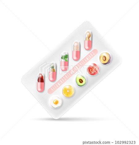 Vitamin B3 pills medicament. Vegetables and fruit in a capsules packaging. Natural supplements concept. Pharmacy and drug medical. Vector illustration Vitamin B3 pills medicament. Vegetables and fruit in a capsules packaging. Natural supplements concept. Pharmacy and drug medical. Vector illustration 102992323