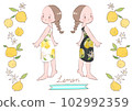 穿檸檬圖案連衣裙的女孩插畫 102992359