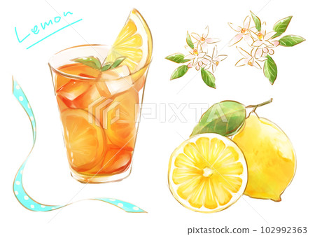 檸檬茶加檸檬和檸檬花的插圖 102992363