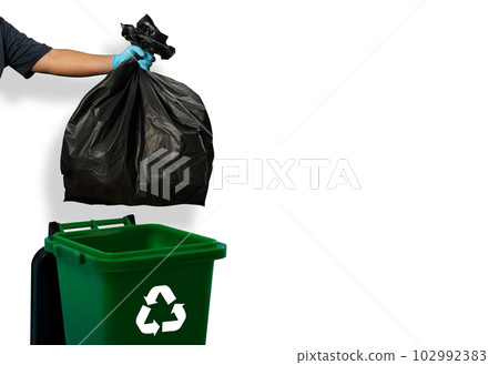 person hand holding garbage bag bag in to trash dump food environment city green background bio recycling eco responsible concept person hand holding garbage bag bag in to trash dump food environment city green background bio recycling eco responsible concept 102992383