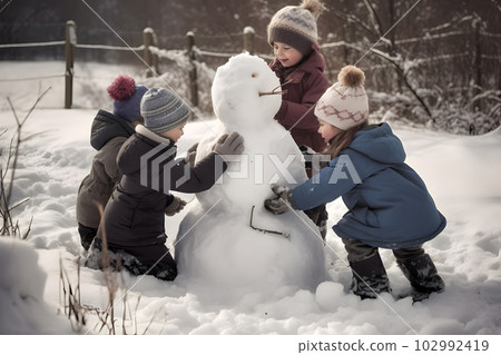 children building snowman at winter day, neural network generated art 102992419