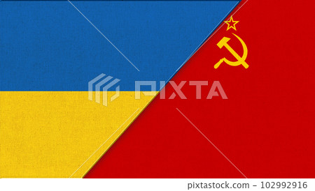 Flag of Ukraine and USSR. Ukrainian and red Soviet flags on fabric texture Flag of Ukraine and USSR. Ukrainian and red Soviet flags on fabric texture 102992916