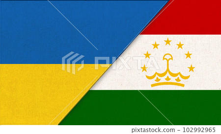 Flag of Ukraine and Tajikistan. Ukrainian and Tajik flags on fabric texture 102992965