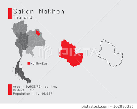 Sakon Nakhon in Thailand A Set of Infographic Elements for the Province. and Area District Population and Outline. Vector with Gray Background. Sakon Nakhon in Thailand A Set of Infographic Elements for the Province. and Area District Population and Outline. Vector with Gray Background. 102993355