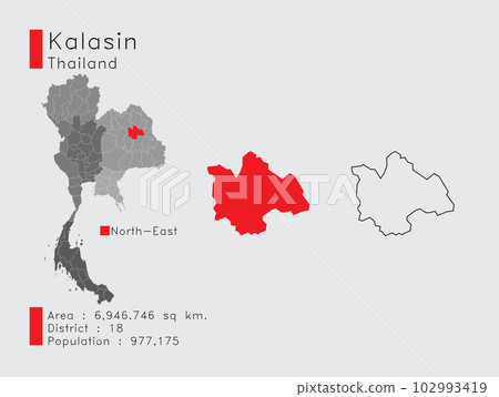 Kalasin in Thailand A Set of Infographic Elements for the Province. and Area District Population and Outline. Vector with Gray Background. 102993419