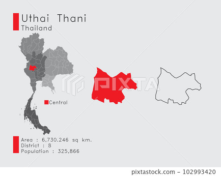Uthai Thani in Thailand A Set of Infographic Elements for the Province. and Area District Population and Outline. Vector with Gray Background. Uthai Thani in Thailand A Set of Infographic Elements for the Province. and Area District Population and Outline. Vector with Gray Background. 102993420