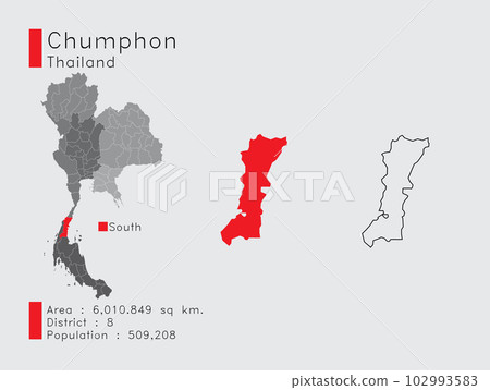 Chumphon in Thailand A Set of Infographic Elements for the Province. and Area District Population and Outline. Vector with Gray Background. Chumphon in Thailand A Set of Infographic Elements for the Province. and Area District Population and Outline. Vector with Gray Background. 102993583