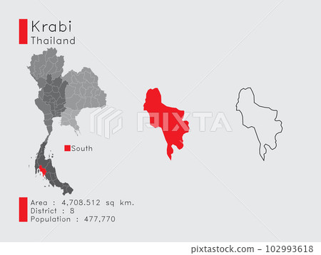 Krabi in Thailand A Set of Infographic Elements for the Province. and Area District Population and Outline. Vector with Gray Background. Krabi in Thailand A Set of Infographic Elements for the Province. and Area District Population and Outline. Vector with Gray Background. 102993618
