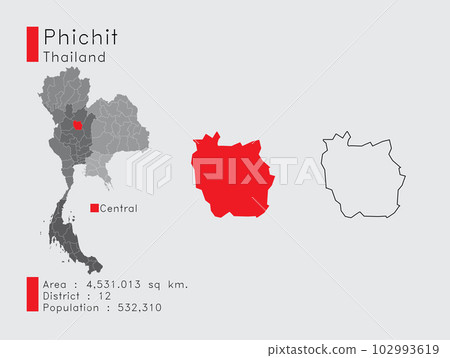 Phichit in Thailand A Set of Infographic Elements for the Province. and Area District Population and Outline. Vector with Gray Background. Phichit in Thailand A Set of Infographic Elements for the Province. and Area District Population and Outline. Vector with Gray Background. 102993619