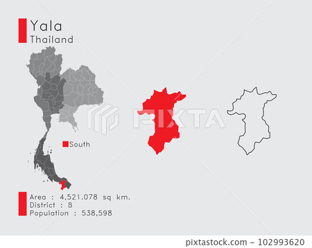 Yala in Thailand A Set of Infographic Elements for the Province. and Area District Population and Outline. Vector with Gray Background. Yala in Thailand A Set of Infographic Elements for the Province. and Area District Population and Outline. Vector with Gray Background. 102993620